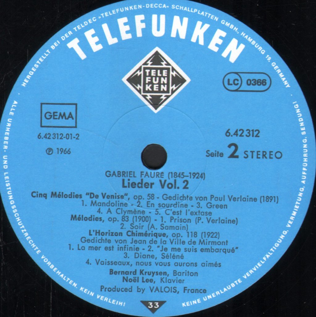 Bernard Kruysen / Noel Lee - Faure - Lieder Vol.2 - Melodies - Lp