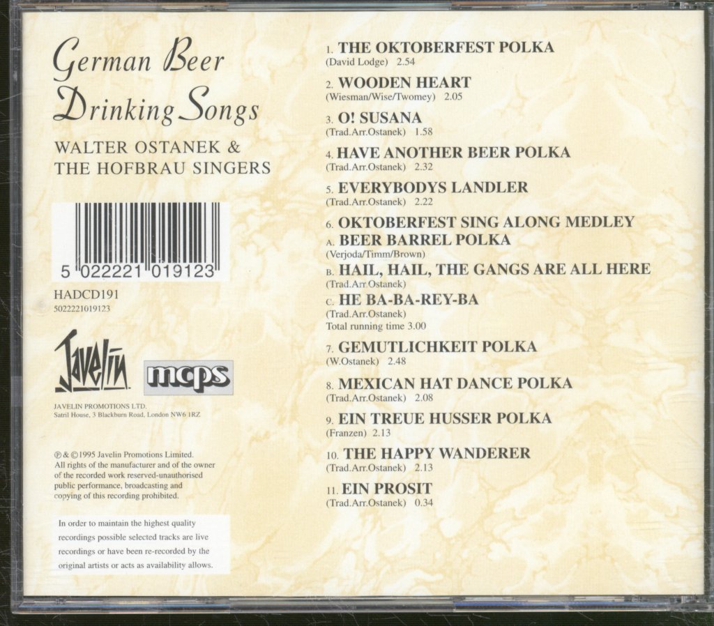 Walter Ostanek & The Hofbrau Singers - German Beer Drinking Singers CD - Cd