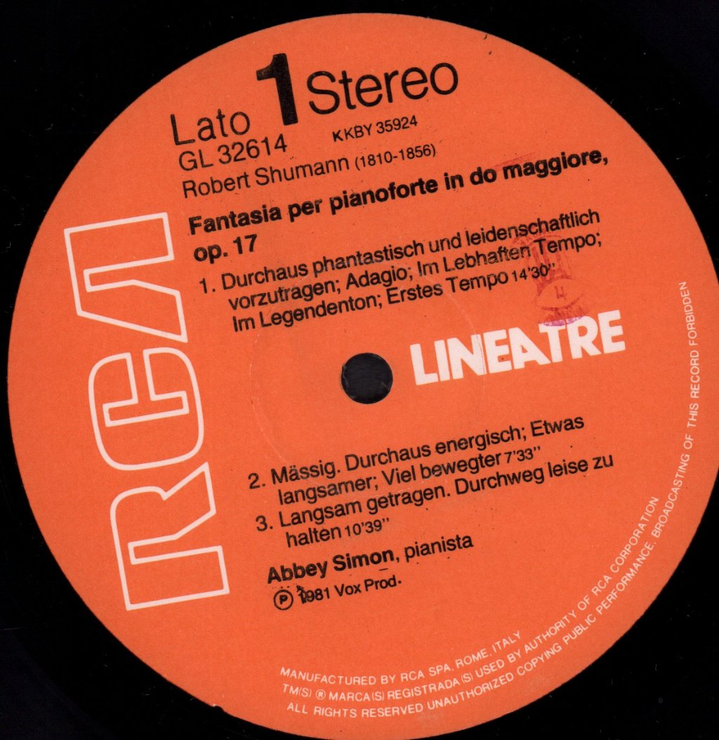 Abbey Simon - Schumann Carnaval Op.9/Fantasia Indo Maggiore Op.17 - Lp