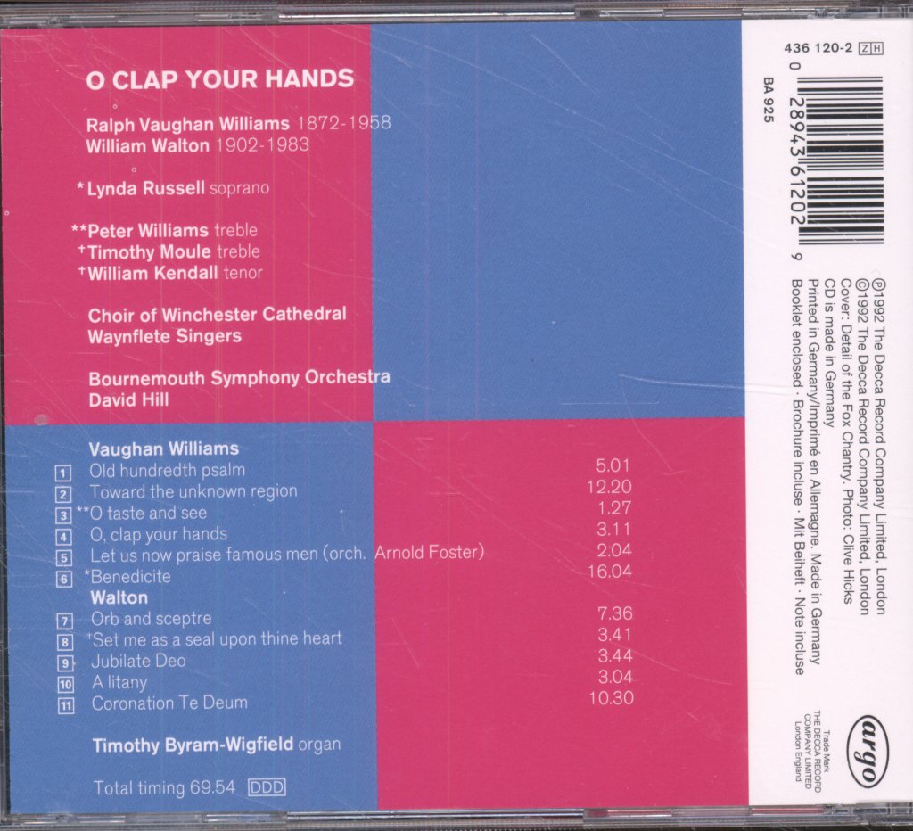 Winchester Cathedral Choir, David Hill - Vaughan Williams - O Clap Your Hands - Cd