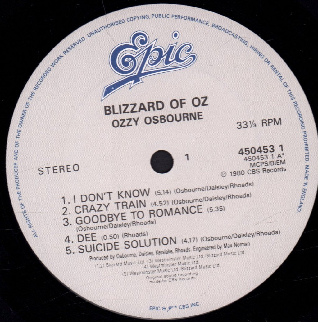 Ozzy Osbourne - Blizzard Of Ozz - Lp