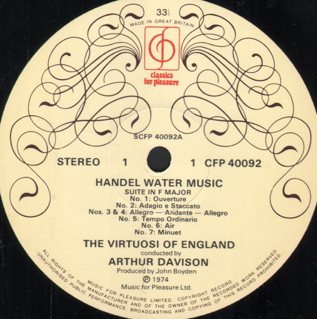 Virtuosi Of England / Arthur Davison - Handel - Water Music (Complete) - Lp