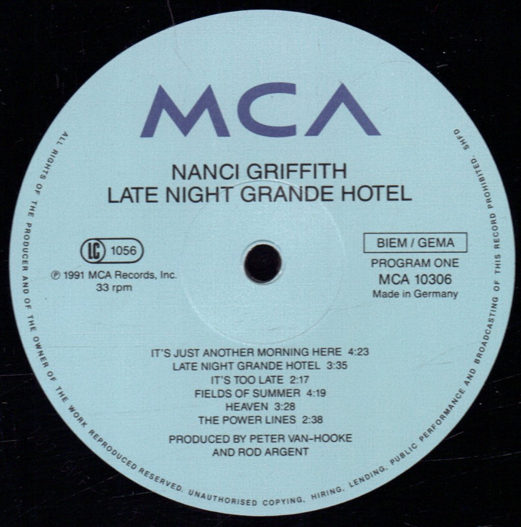 Nanci Griffith - Late Night Grande Hotel - Lp
