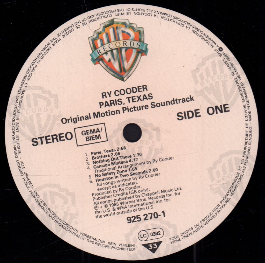 Ry Cooder - Paris Texas - Original Motion Picture Soundtrack - Lp