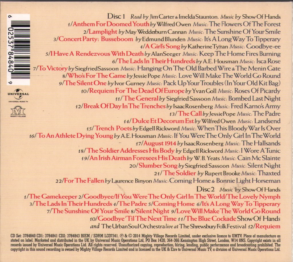 Show Of Hands (Folk Group) - Centenary - Words & Music Of The Great War - Cd Set