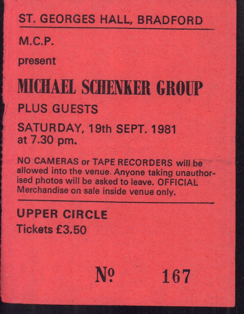 Michael Schenker Group - bradford st georges hall 19th sept 1981 - Ticket