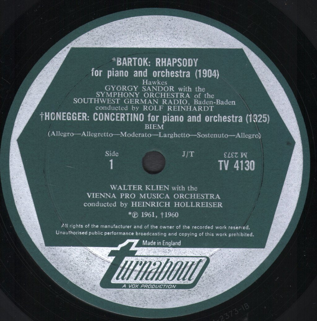 Walter Klien / Gyorgy Sandor / Charlotte Zelka - Janacek - Concertino For Piano & Chamber Orchestra / Honegger - Concertino For Piano & Orchestra - Lp