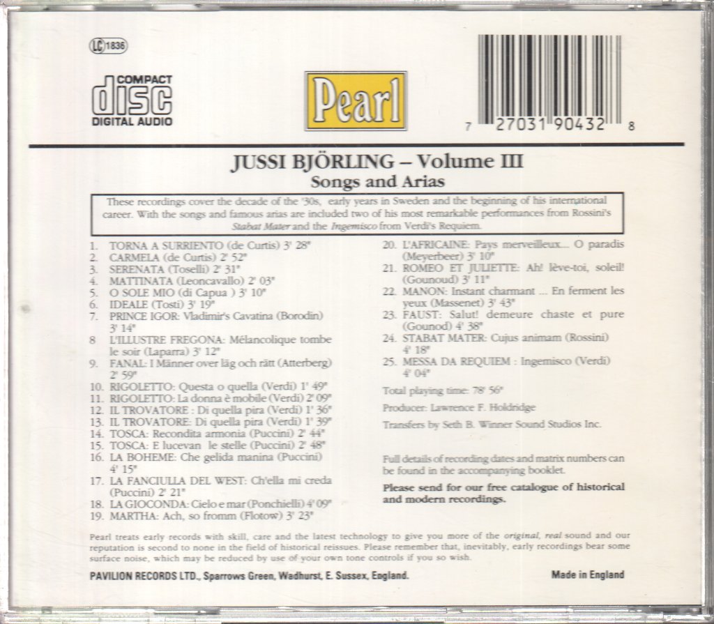 Jussi Björling - Songs And Arias Volume III - Cd