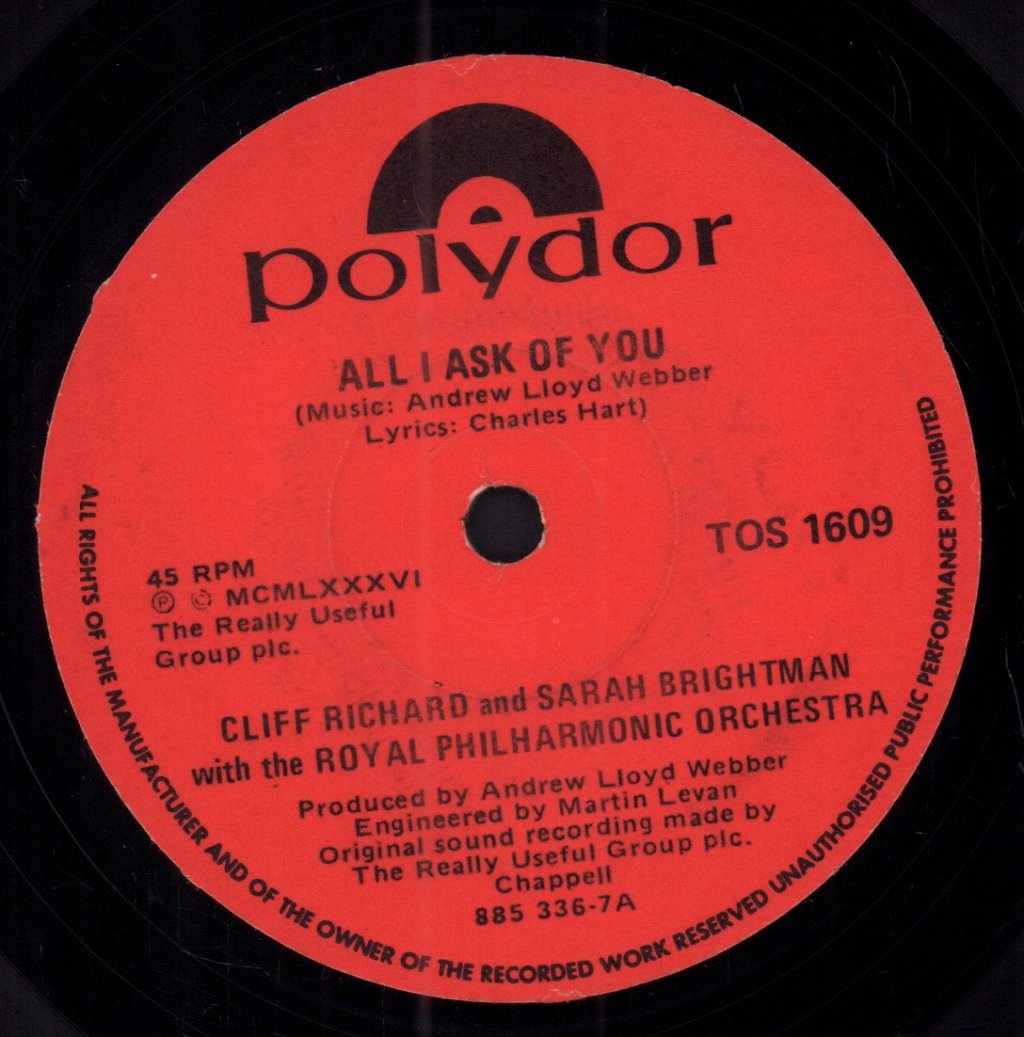 Cliff Richard And Sarah Brightman - All I Ask Of You - 7 Inch