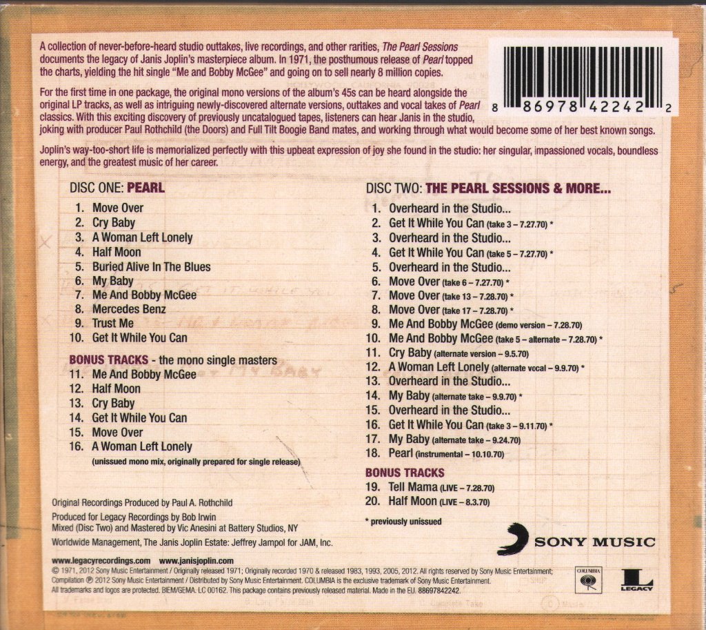 Janis Joplin - Pearl Sessions - Double Cd