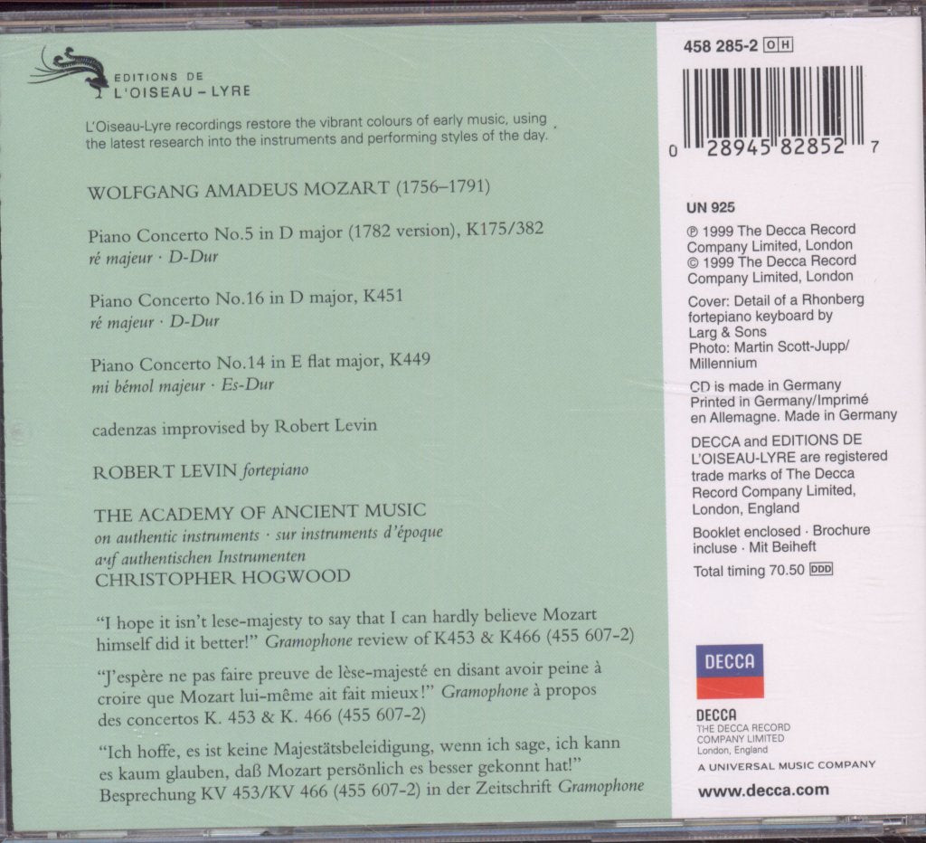 Robert Levin, The Academy Of Ancient Music, Christopher Hogwood - Mozart - Piano Concertos No.5 K175, No.14 K449, No.16 K451 - Cd