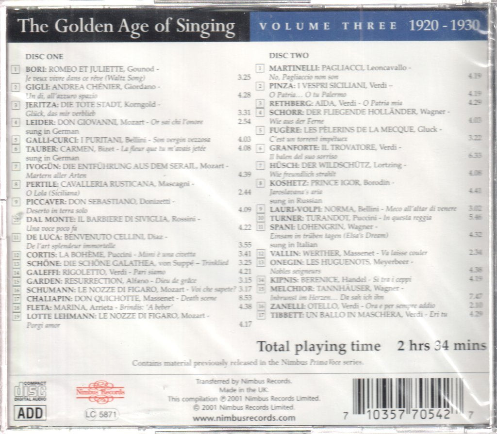 Various Artists - Golden Age Of Singing Volume 3 1920-1930 - Double Cd