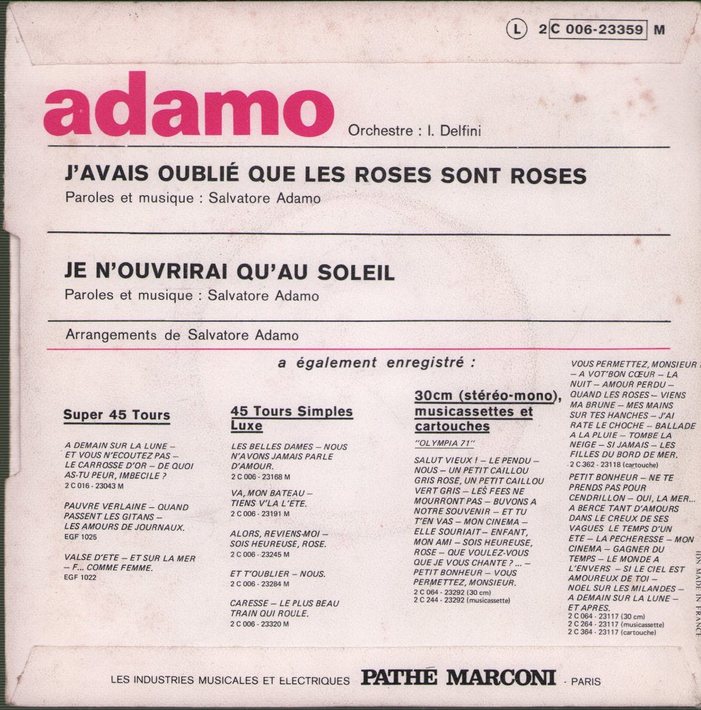 Adamo - J'avais Oublie Que Les Roses Sont Roses - 7 Inch