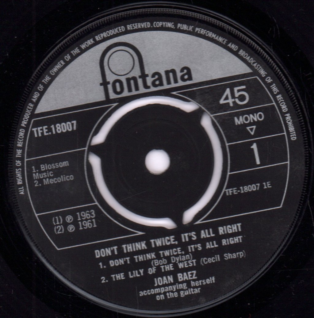 Joan Baez - Don't Think Twice It's All Right - 7 Inch