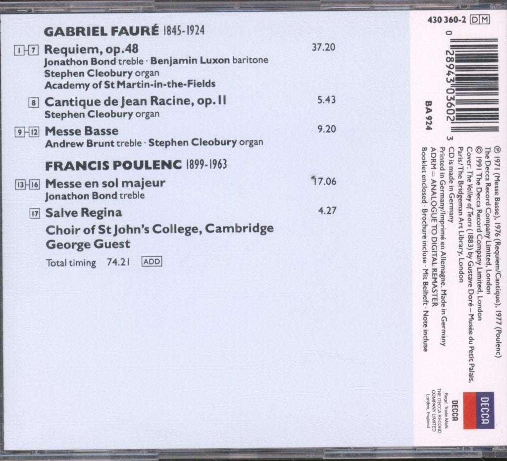 Choir Of St. John's College, Cambridge, George Guest - Fuare / Poulenc - Requiem / Cantique De Jean Racine / Messe Basse / Messe / Salve Regina - Cd