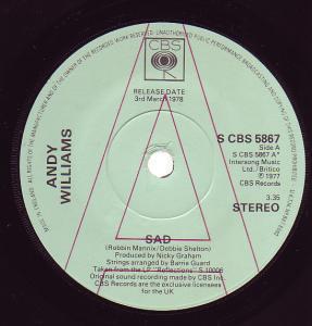 Andy Williams - Sad - 7 Inch