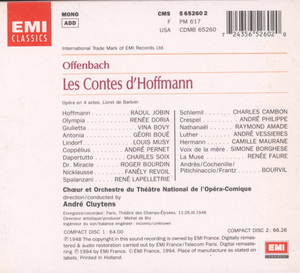 Chœur Et Orchestre De L'Opéra Comique - André Cluytens - Offenbach - Les Contes D'Hoffmann - Cd Set