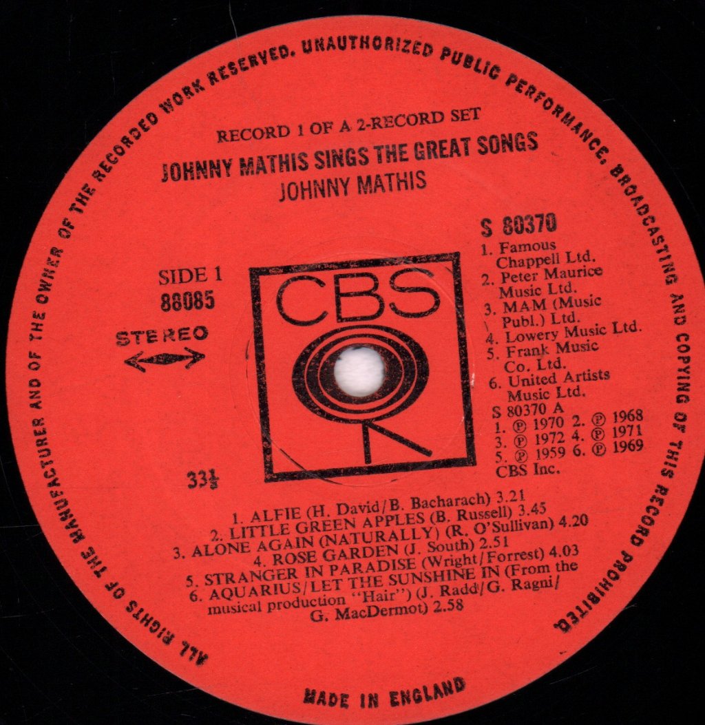 Johnny Mathis - Great Songs - Double Lp
