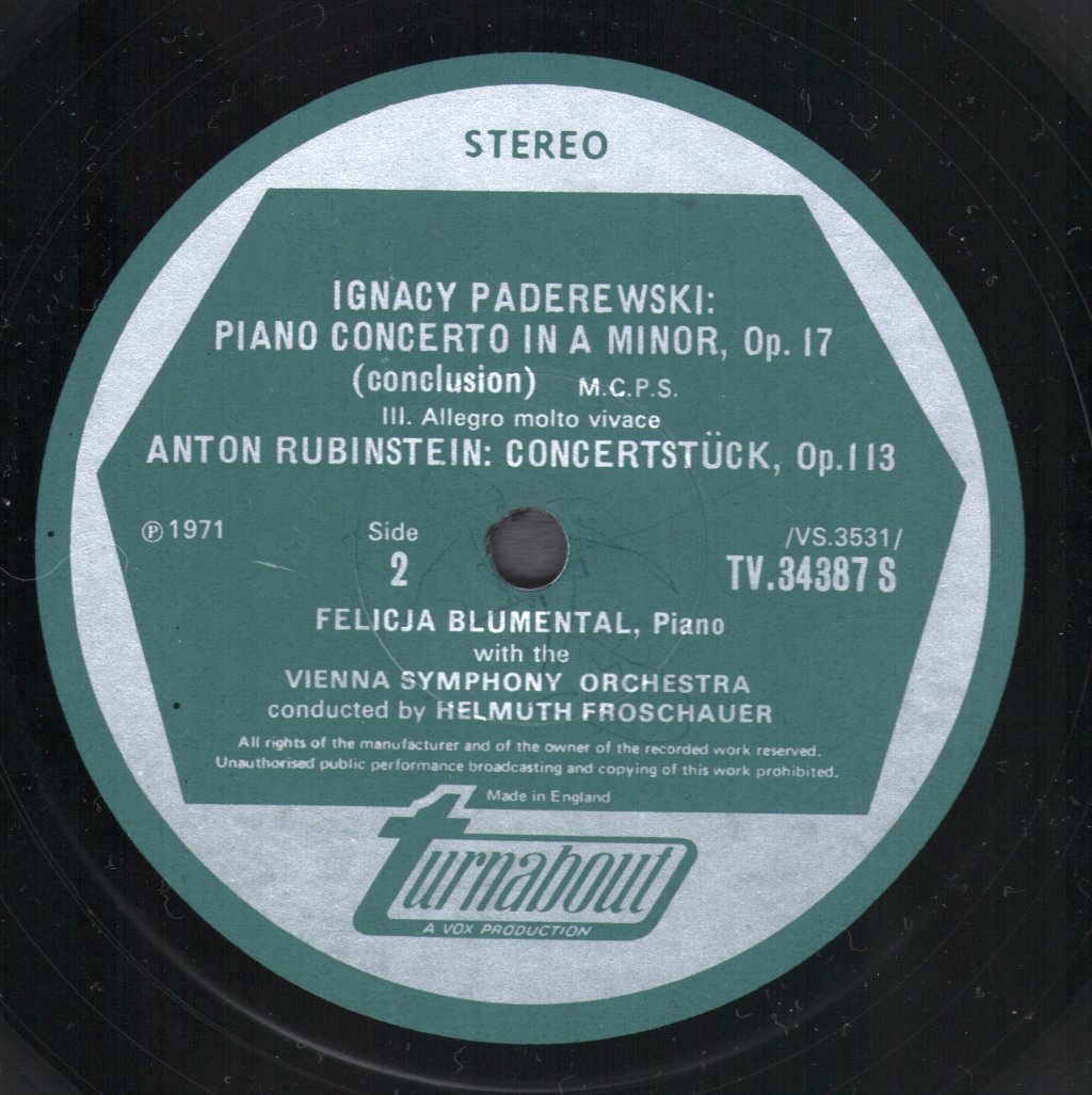 Felicja Blumental / Vienna Symphony Orchestra / Helmuth Froschauer - Paderewski - Piano Concerto In A Minor, Op. 17 / Rubinstein - Concertstück For Piano And Orchestra, Op. 113 - Lp