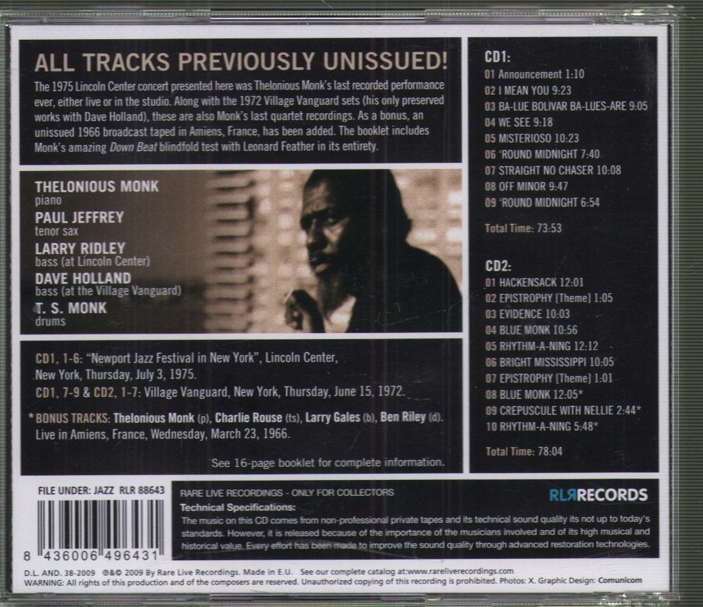 Thelonious Monk Quartet - Last Concerts (Lincoln Center 1975 · Village Vanguard 1972) - Double Cd