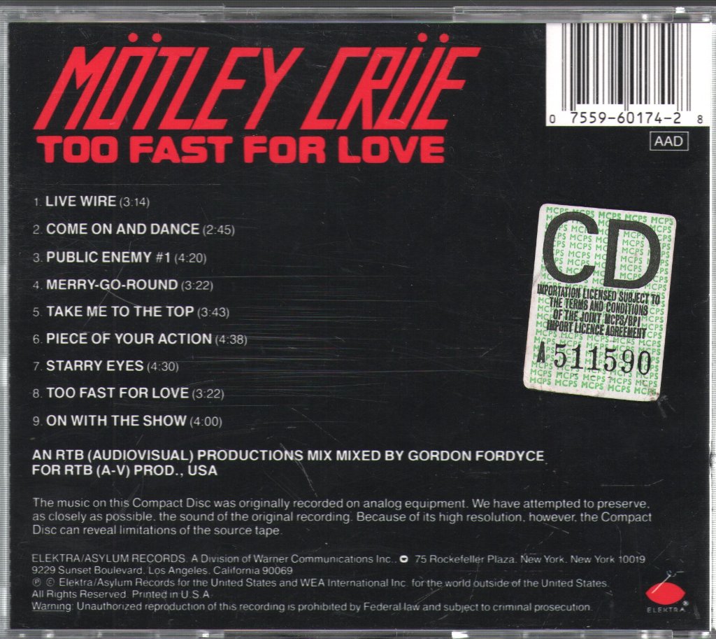 Mötley Crüe - Too Fast For Love - Cd