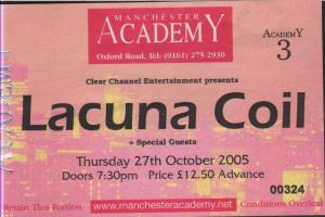 Lacuna Coil - Manchester Academy 27Th October 2005 - Ticket