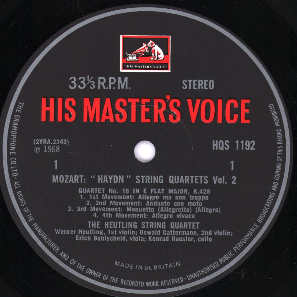Heutling String Quartet - Mozart - 'Haydn' Quartets Volume 2 - Lp
