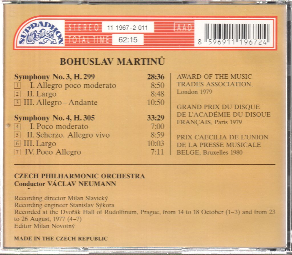 Czech Philharmonic Orchestra, Václav Neumann - Bohuslav Martinů - Symphonies Nos. 3 and 4 - Cd