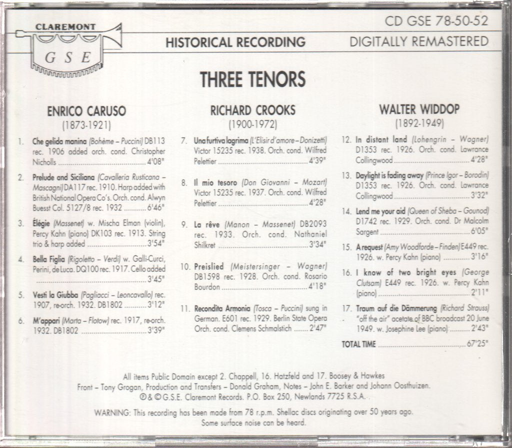 Enrico Caruso, Richard Crooks, Walter Widdop - Three Tenors - Caruso, Crooks, Widdop - Cd