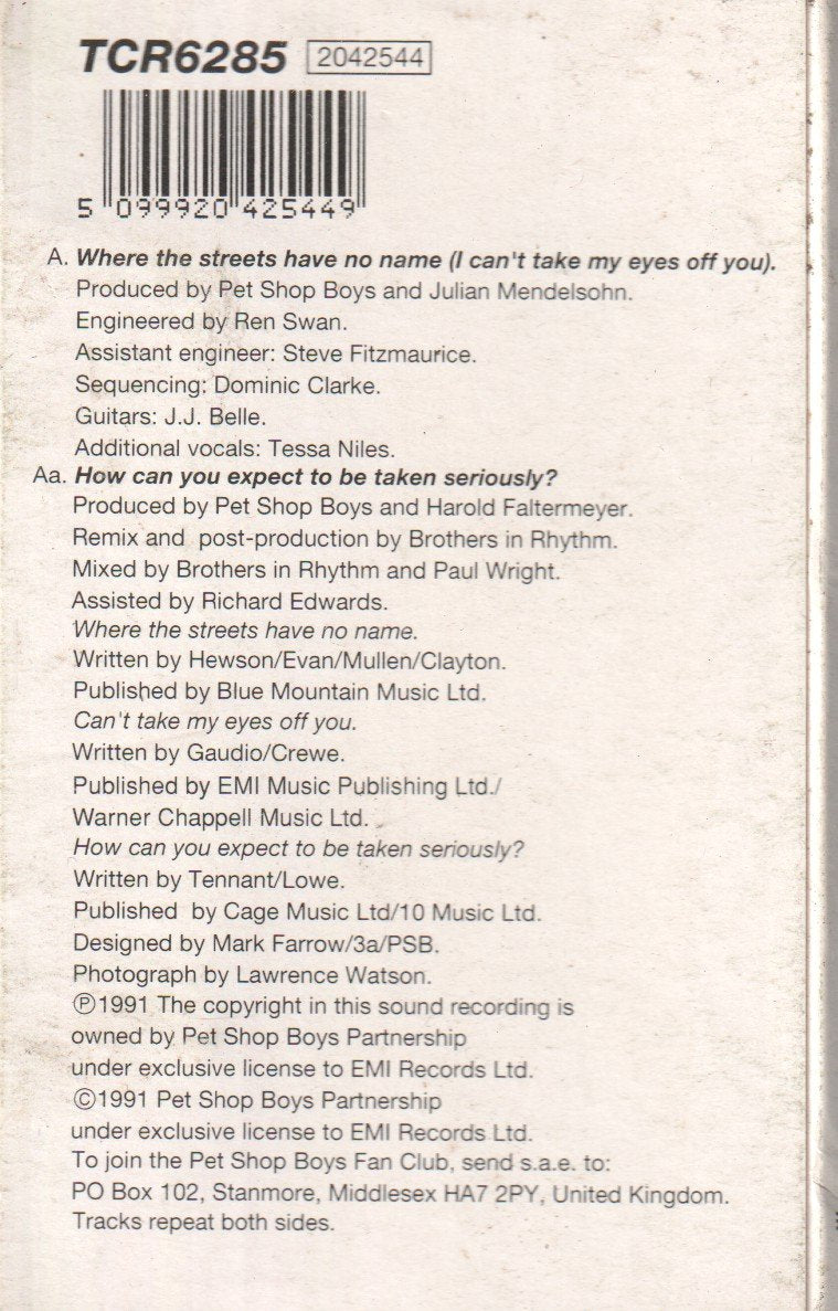 Pet Shop Boys - Where The Streets Have No Name - Cassette