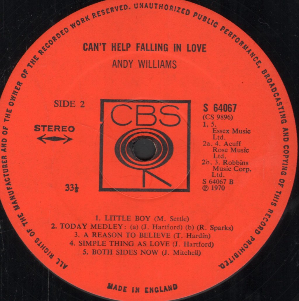 Andy Williams - Can't Help Falling In Love - Lp