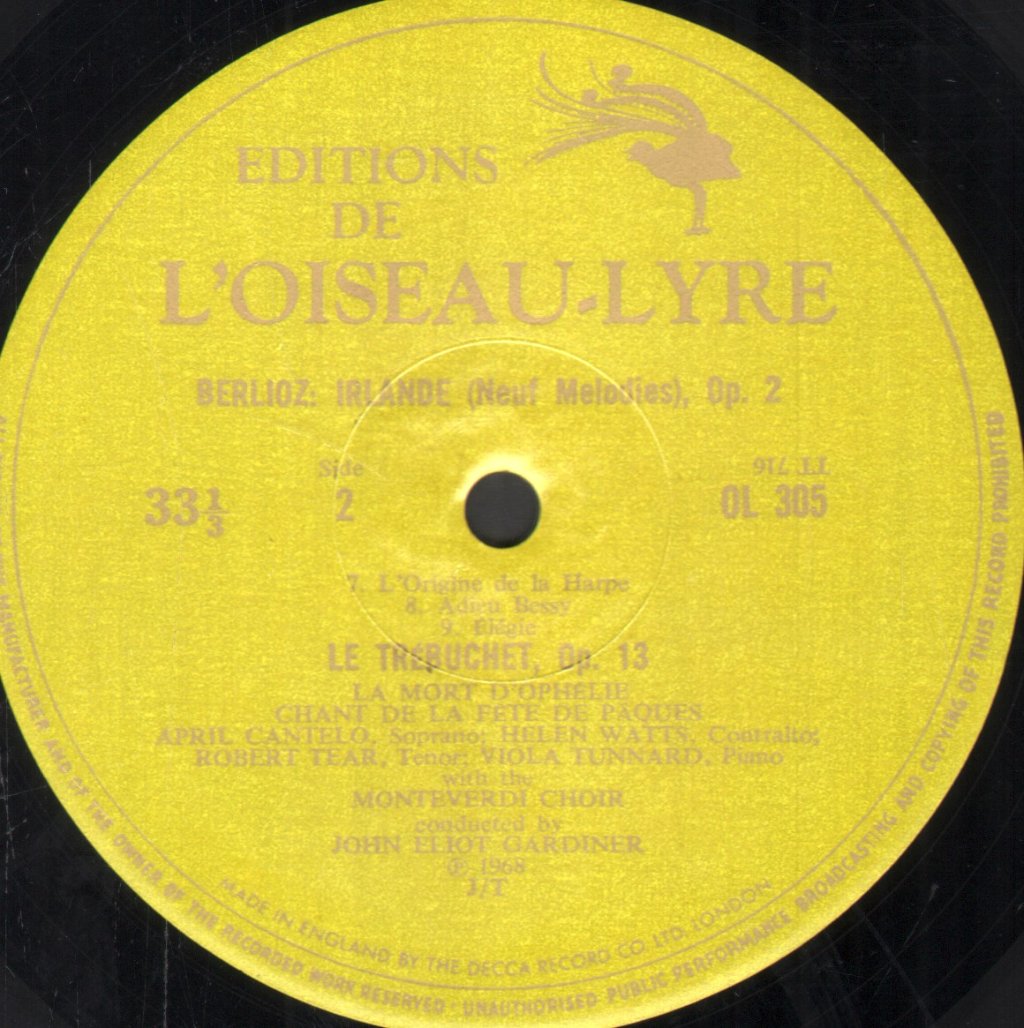 April Cantelo / Helen Watts / Robert Tear / Viola Tunnard / Monteverdi Choir - Berlioz - Irlande - Neuf Mélodies Op. 2 / Le Trébuchet / La Mort D'Ophélie / Chant De La Fête De Pâques - Lp