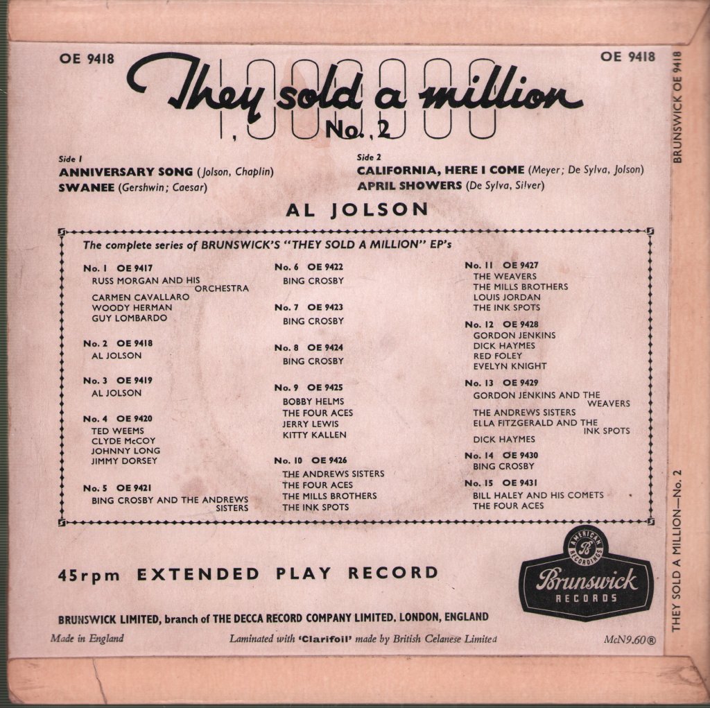 Al Jolson - They Sold A Million No 2 - 7 Inch