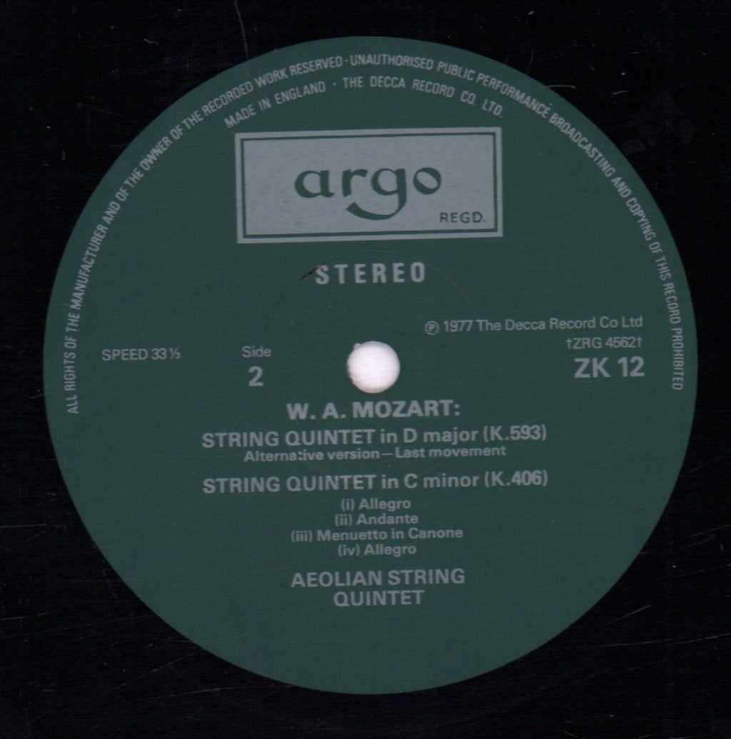 Aeolian String Quartet - mozart String Quintet In D Major - Lp