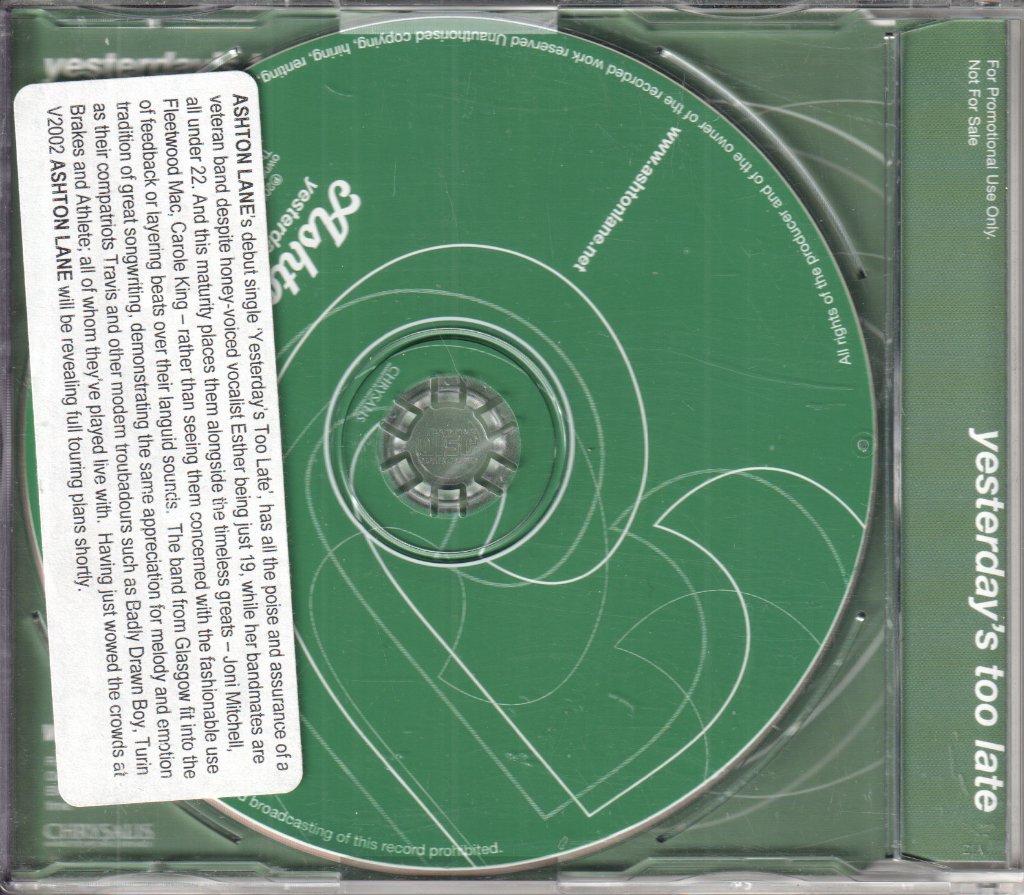 Ashton Lane - Yesterday's Too Late - Cd