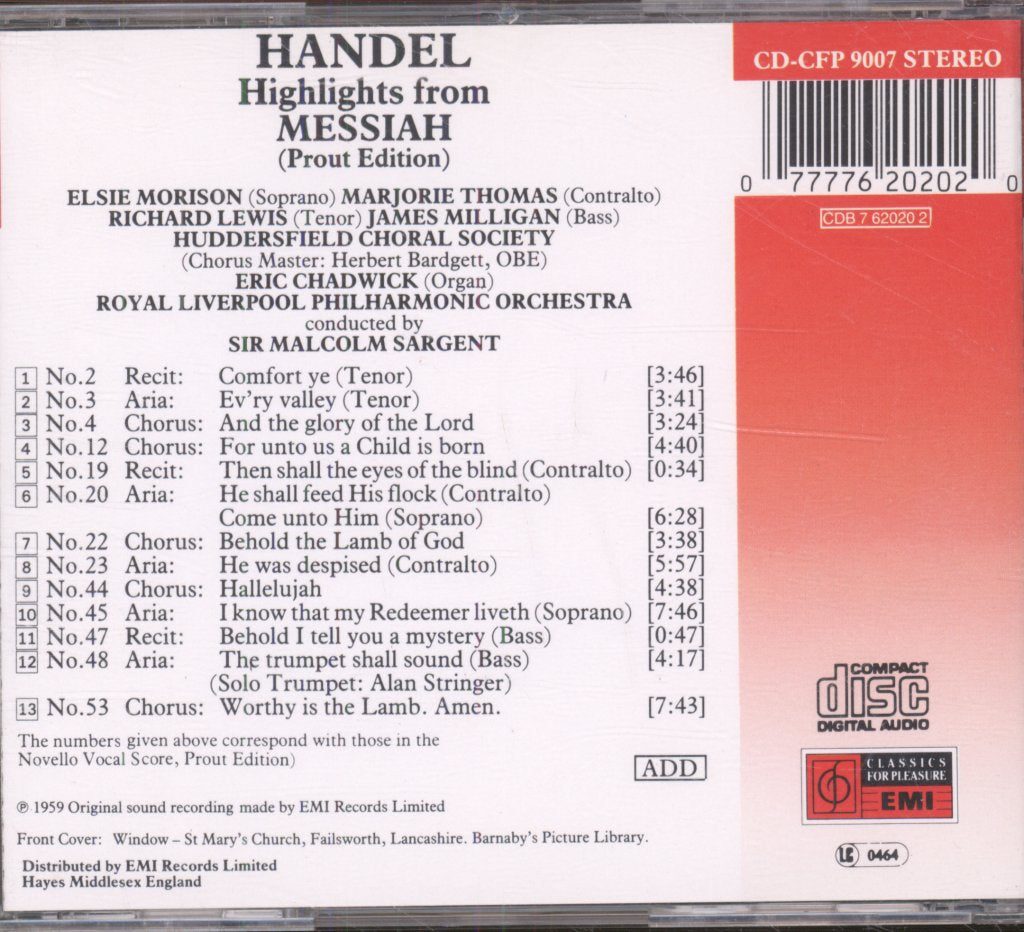 Huddersfield Choral Society • The Royal Liverpool Philharmonic Orchestra • Sir Malcolm Sargent - Handel - Highlights From Messiah - Cd