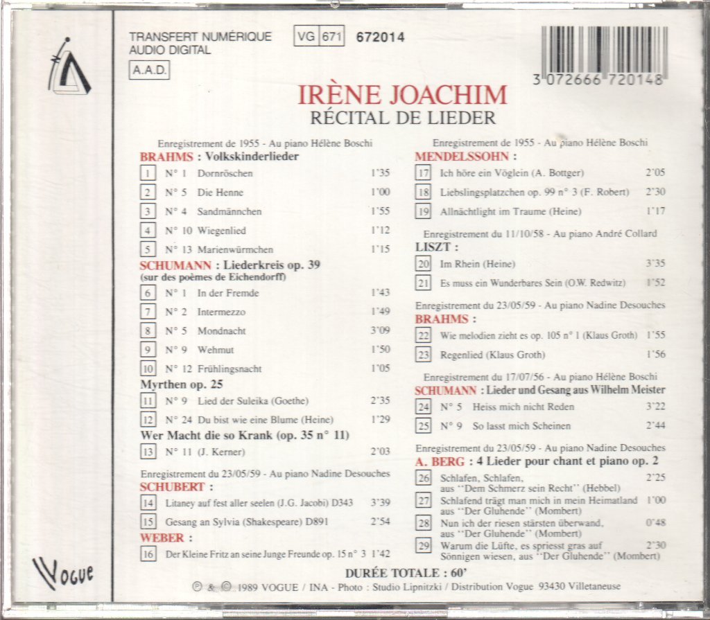 Irène Joachim - Récital de Lieder - Cd