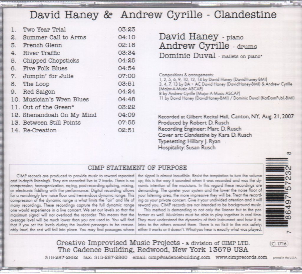 David Haney and Andrew Cyrille - Clandestine - Cd