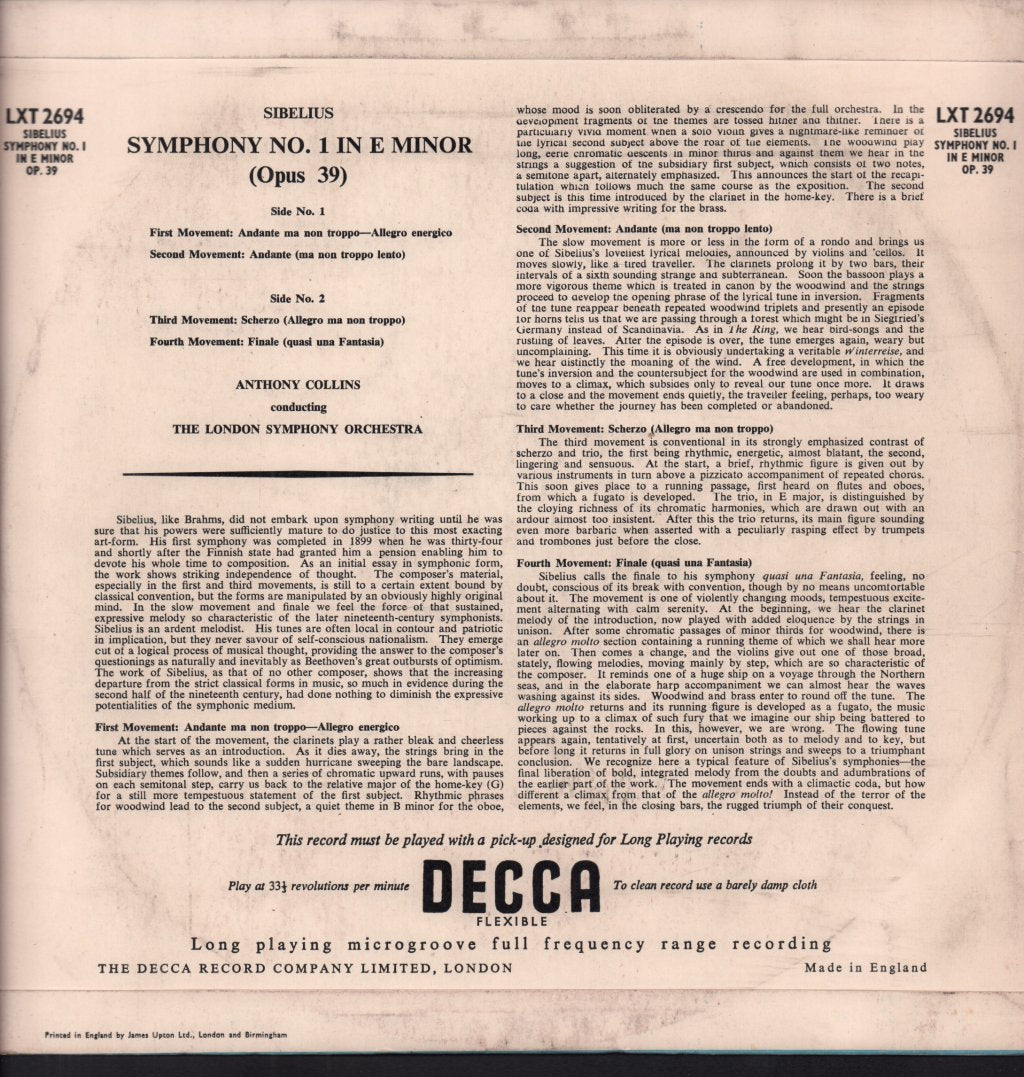 Anthony Collins / London Symphony Orchestra - Sibelius Symphony No.1 In E Minor - Lp