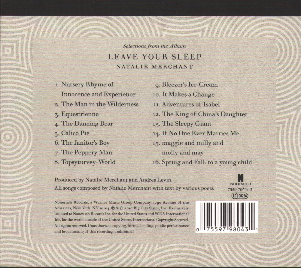 Natalie Merchant - (Selections From The Album) Leave Your Sleep - Cd