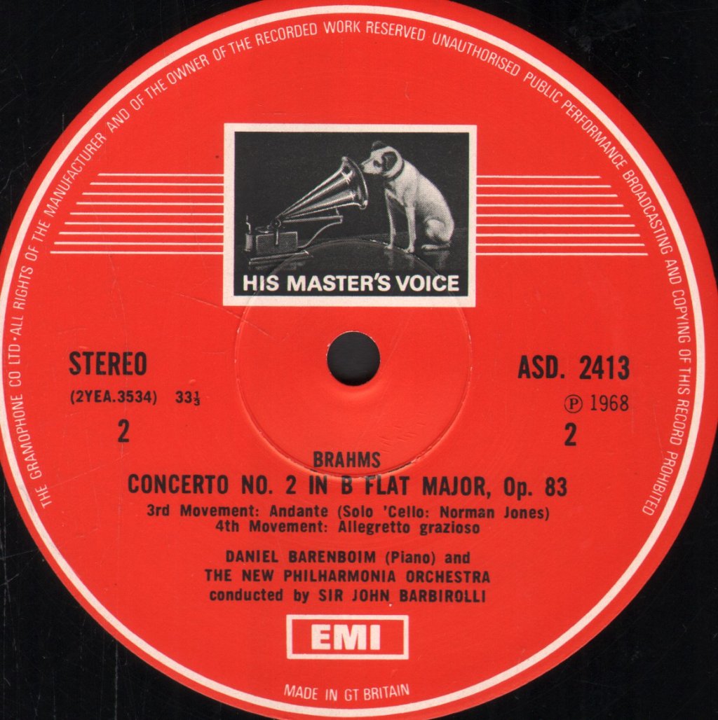 Daniel Barenboim / New Philharmonia / Sir John Barbirolli - Brahms - Piano Concerto No.2 In B Flat - Lp
