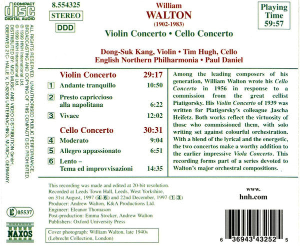 Dong-Suk Kang / Tim Hugh / English Northern Philharmonia / Paul Daniel - Walton Violin Concerto / Cello Concerto - Cd