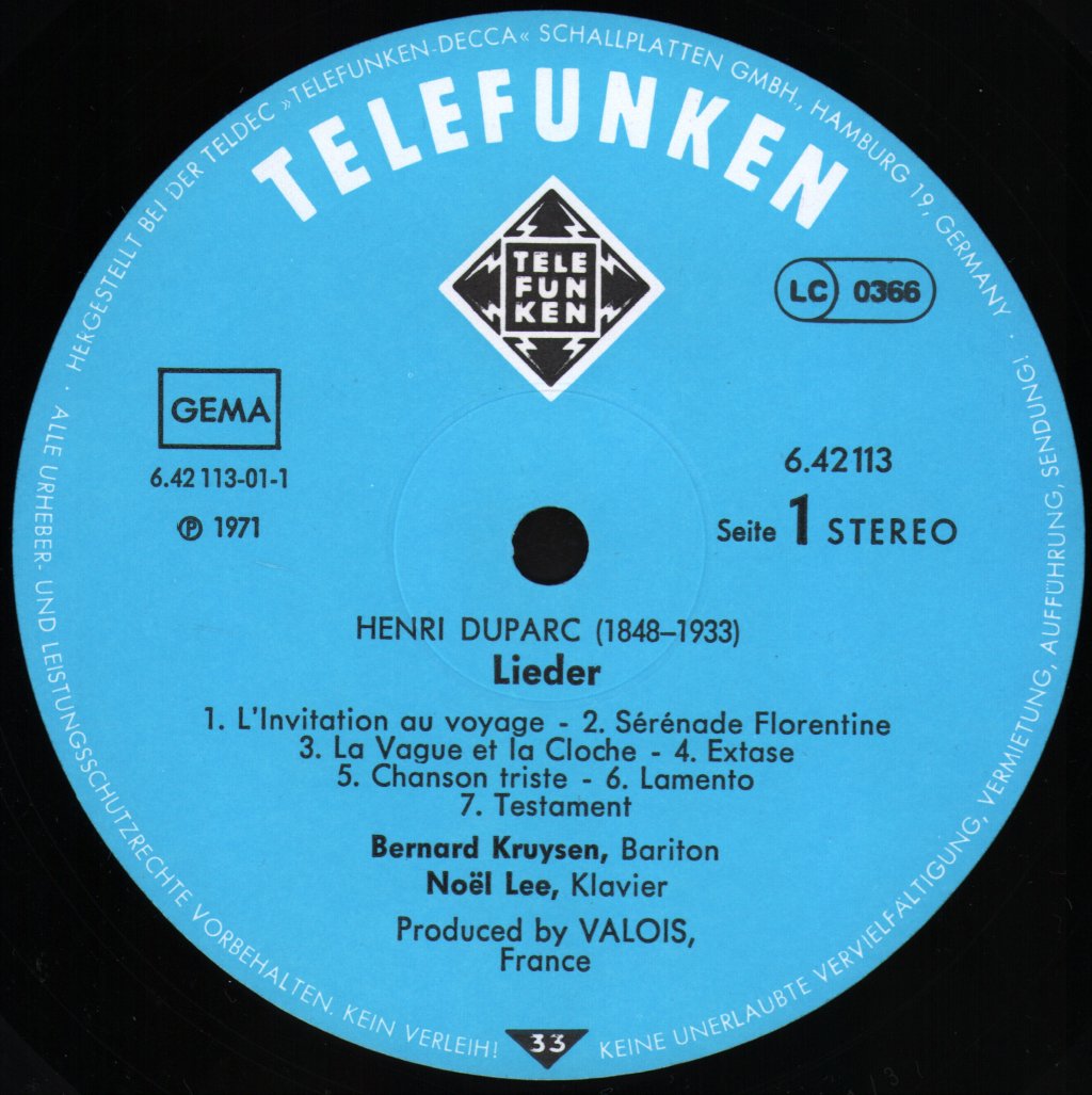 Bernard Kruysen / Noel Lee - Henri Duparc - Lieder Melodies - Lp