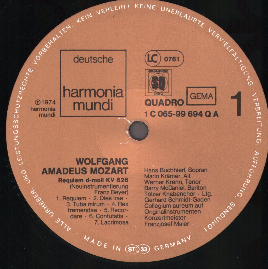 Collegium Aureum / Gerhard Schmidt-Gaden / Hans Buchhierl / Mario Kramer / Werner Krenn - Mozart - Requiem - Lp