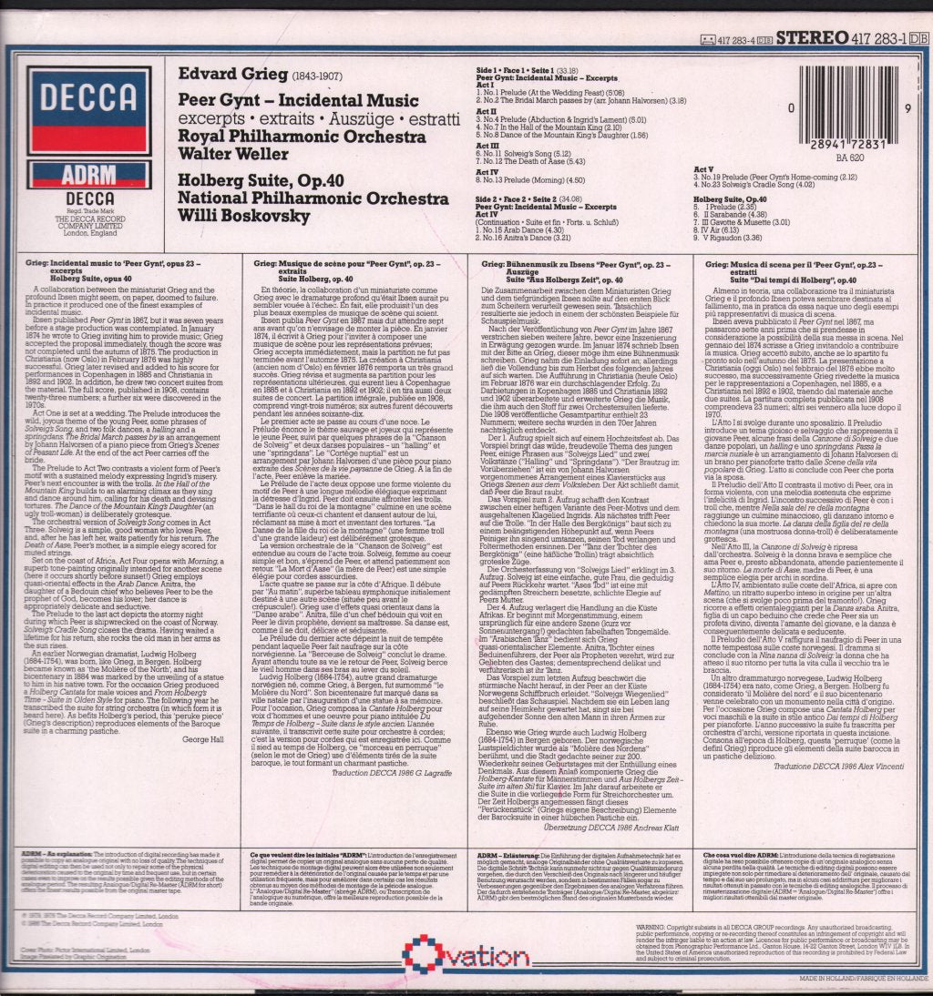 Walter Weller / Royal Philharmonic / Willi Boskovsky / National Philharmonic - Grieg - Peer Gynt (Incidental Music - Excerpts) - Lp