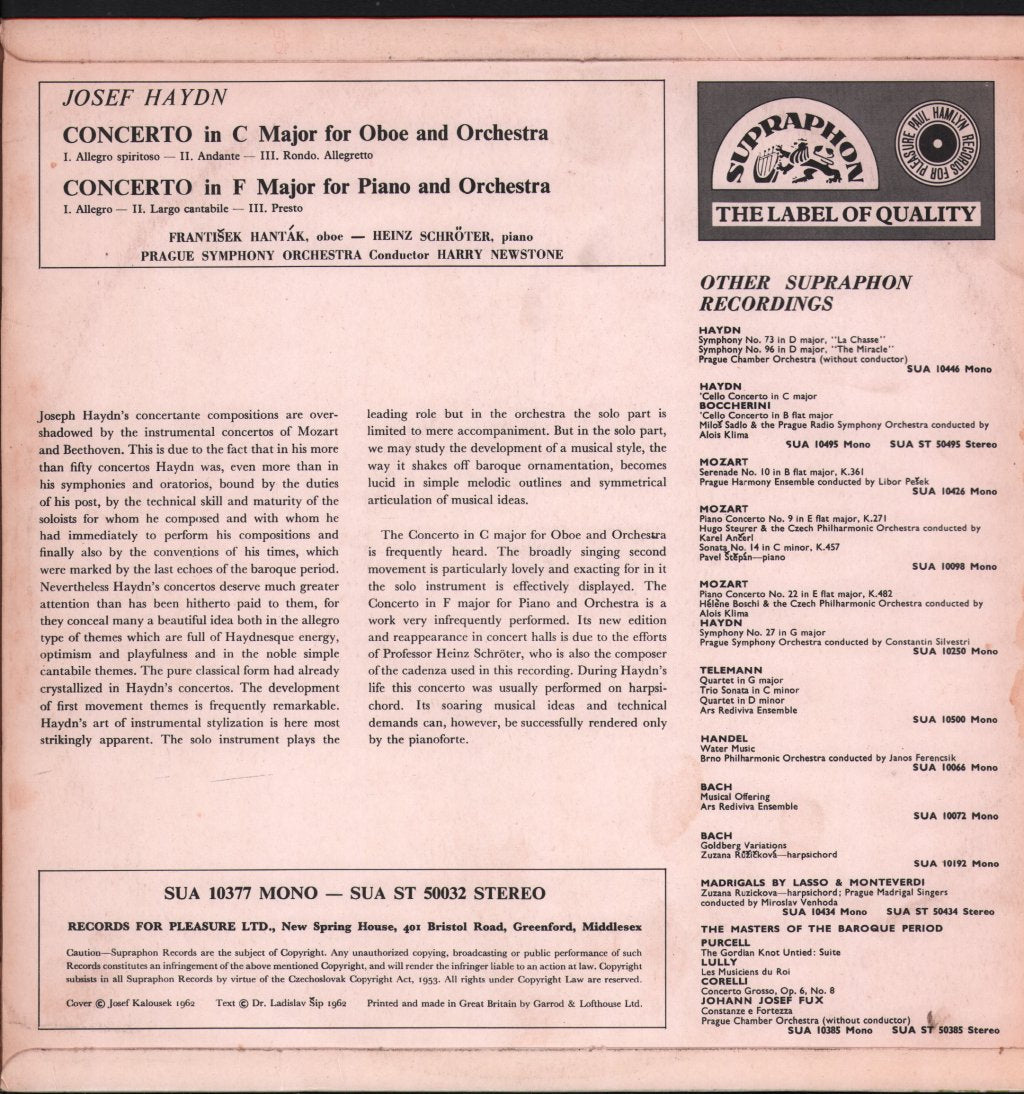 Frantisek Hantak / Heinz Schroter / Prague Symphony - Haydn - Concerto For Oboe / Concerto For Piano In F - Lp