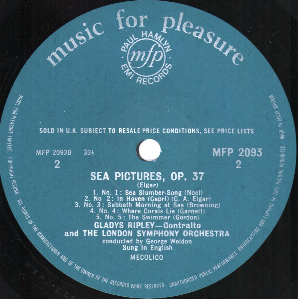 George Weldon / Philharmonia Orchestra / Gladys Ripley - Elgar - Pomp and Circumstance Marches 1 & 4 / Cockaigne Overture / Sea Pictures - Lp