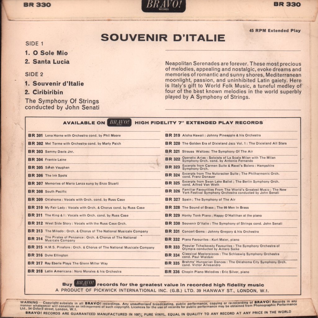 Symphony Of Strings - Souvenir D'Italie - 7 Inch