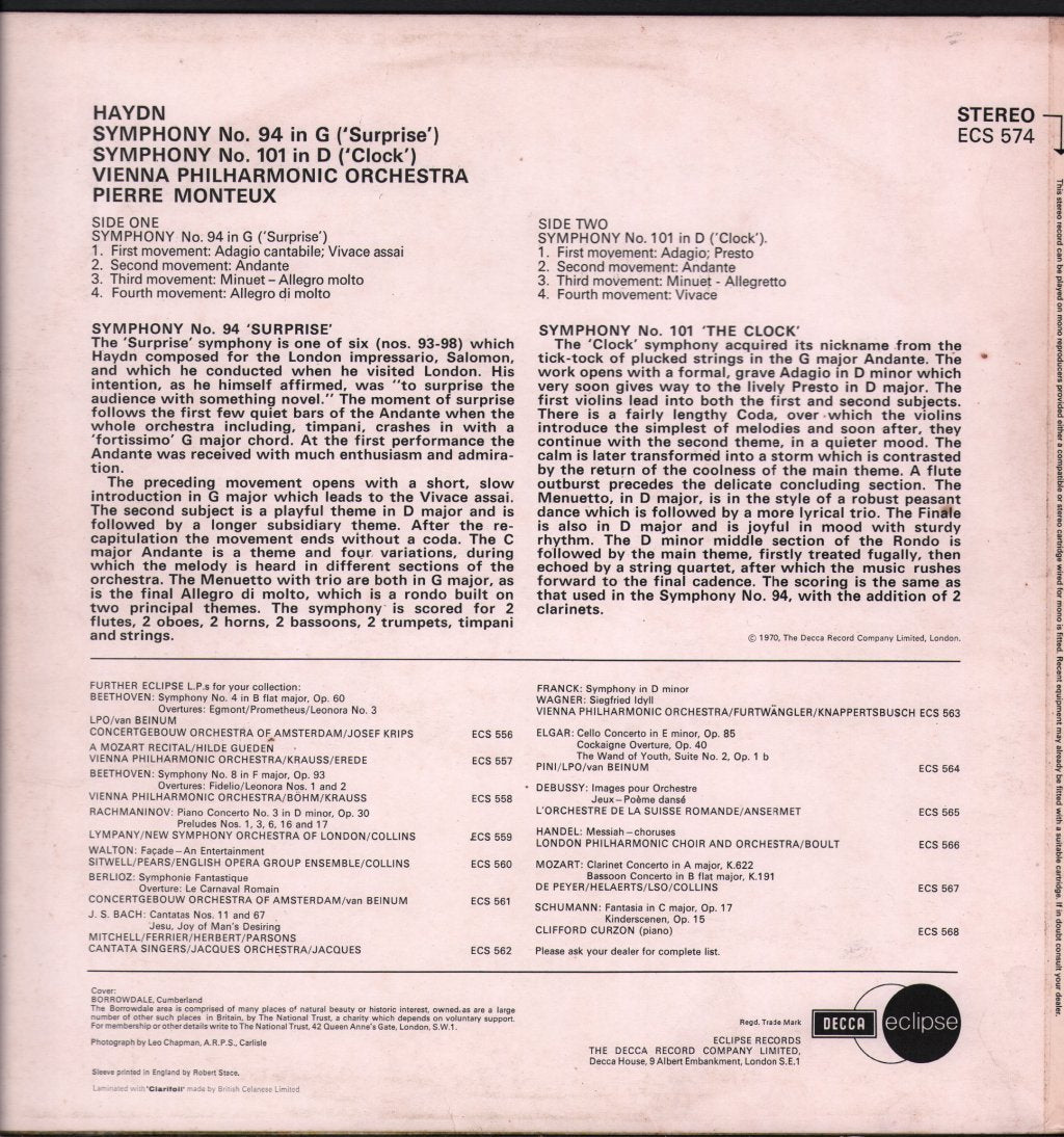 Pierre Monteux / Vienna Philharmonic Orchestra - Haydn - Symphony No. 94 In G  'Surprise'  / Symphony No. 101 In D  'Clock' - Lp