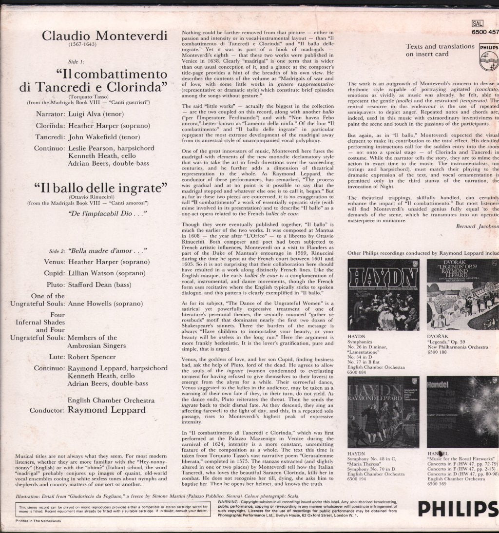 Raymond Leppard / English Chamber Orchestra - Monteverdi Il Combattimento Di Tancredi E Clorinda - Lp